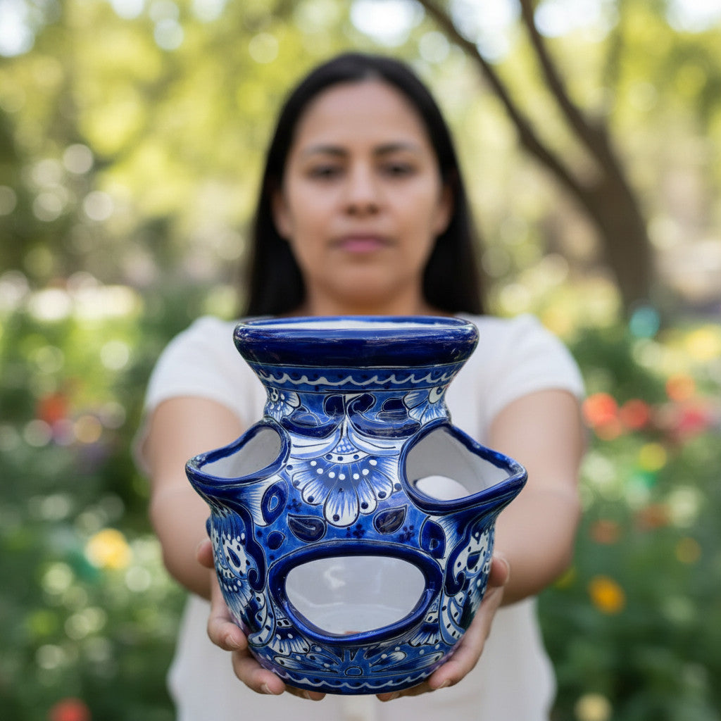 Blue & White Talavera Strawberry Planter | Handcrafted Mexican Pot