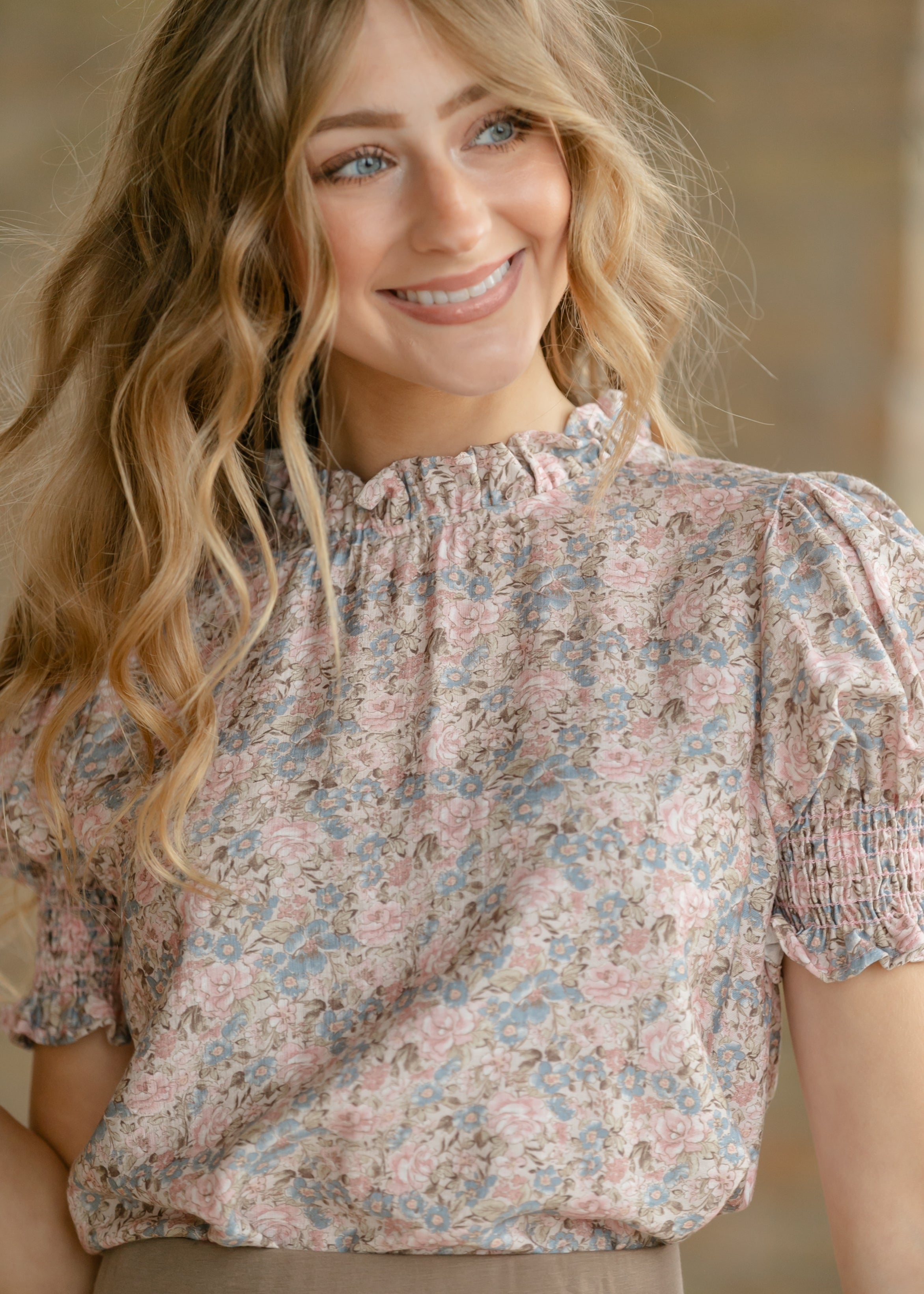 Clara Floral Ruffle Mockneck Short Sleeve Top