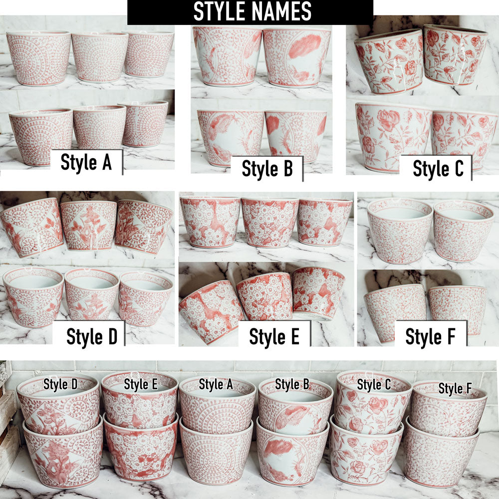 Mini Pink Hand-Painted Porcelain Cachepots Set Of 6 Decorative Planters