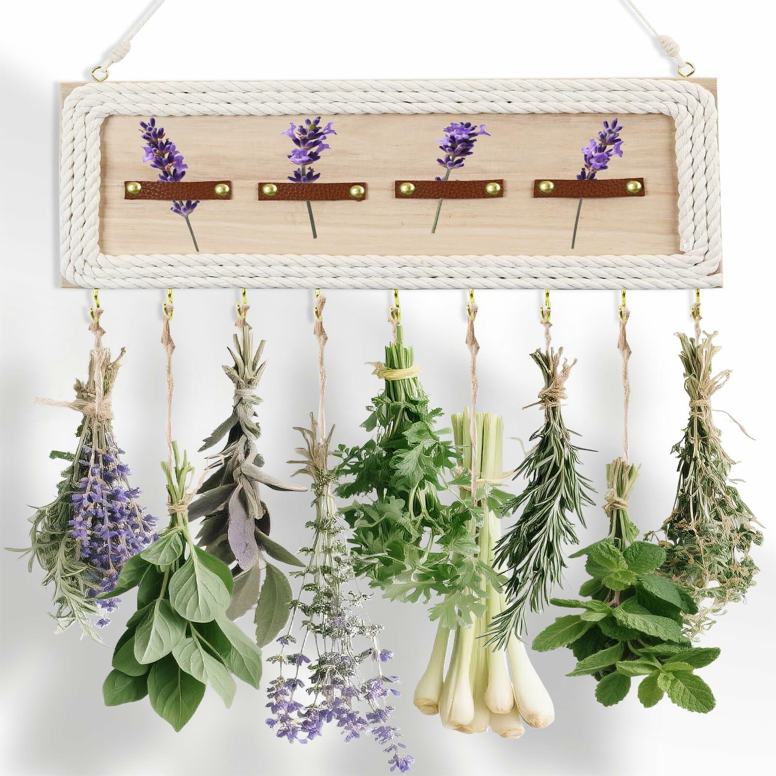 heiwinner Herb Drying Rack Hanging Rustic Wood 4-Compartment 15.7x5.9x0.59